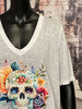 T-shirt long + size col V "skull & perles" blanc chiné