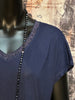T-shirt col V lurex bleu marine chiné