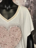 T-shirt + size col V lurex & strass "coeur" blanc cassé