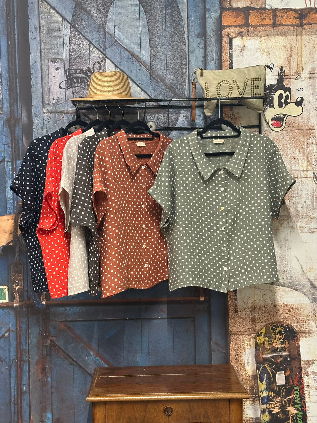 Chemisier à pois "Angèle" style "rétro"  100% lin (38/42) MADE IN ITALY