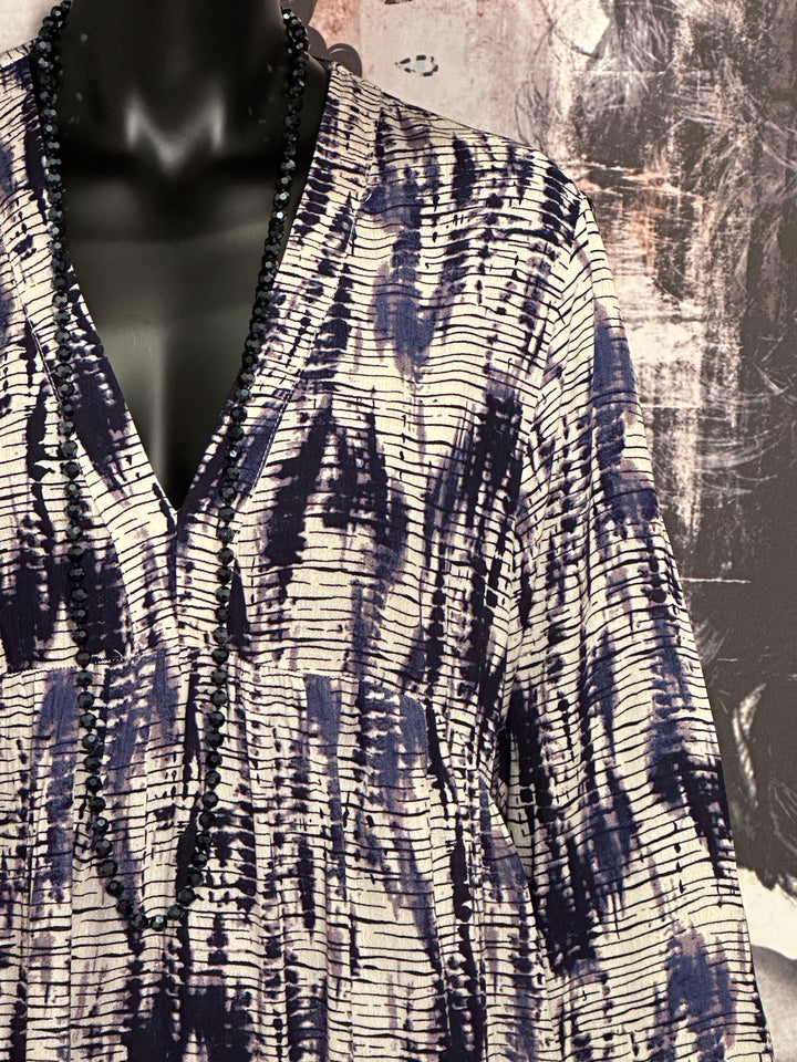 Midikleid mit Batikmuster Marineblau, Weiß & Malve