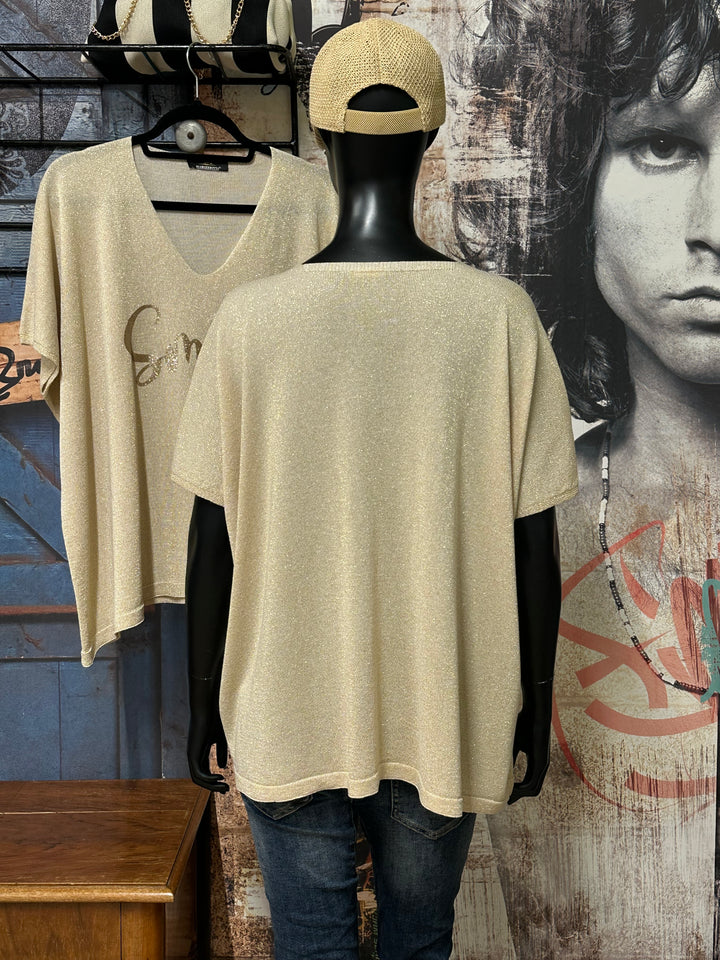 T-shirt en maille fine "Elisa" beige &amp; doré (42/46) MADE IN ITALY