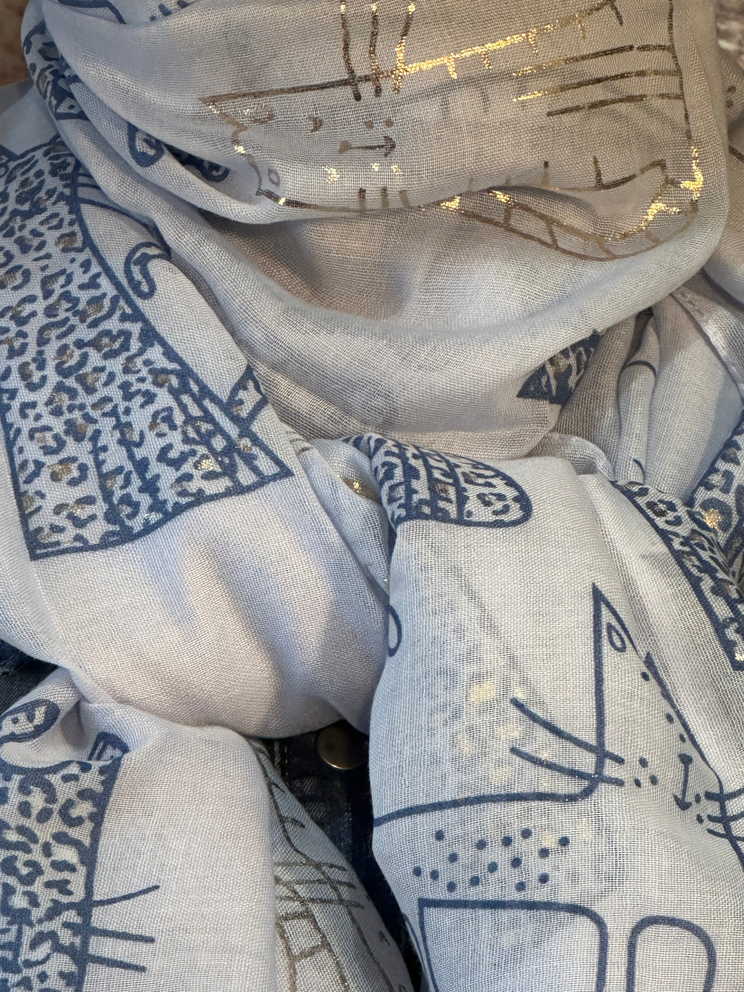 Halstuch "Katzen" hellblau & gold 100% natürlich