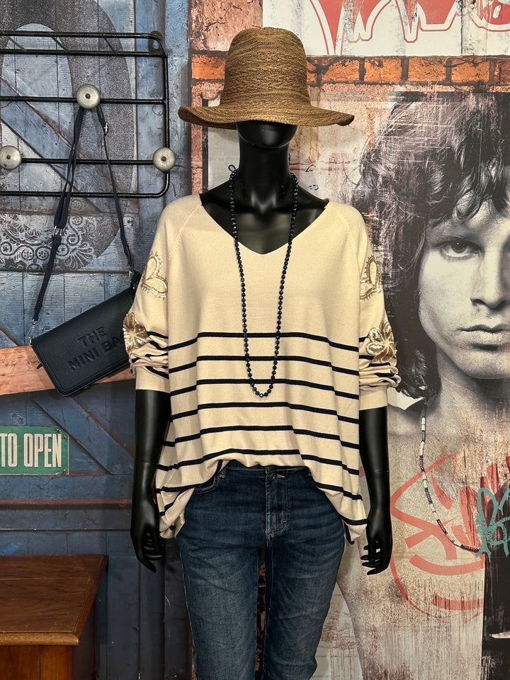 Pull marinière + size beige & bleu marine (44/48)