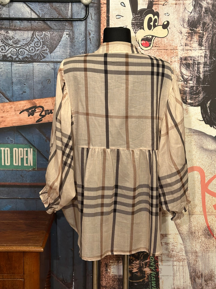 Blouse oversize à carreaux en voile de coton beige (40/46)
