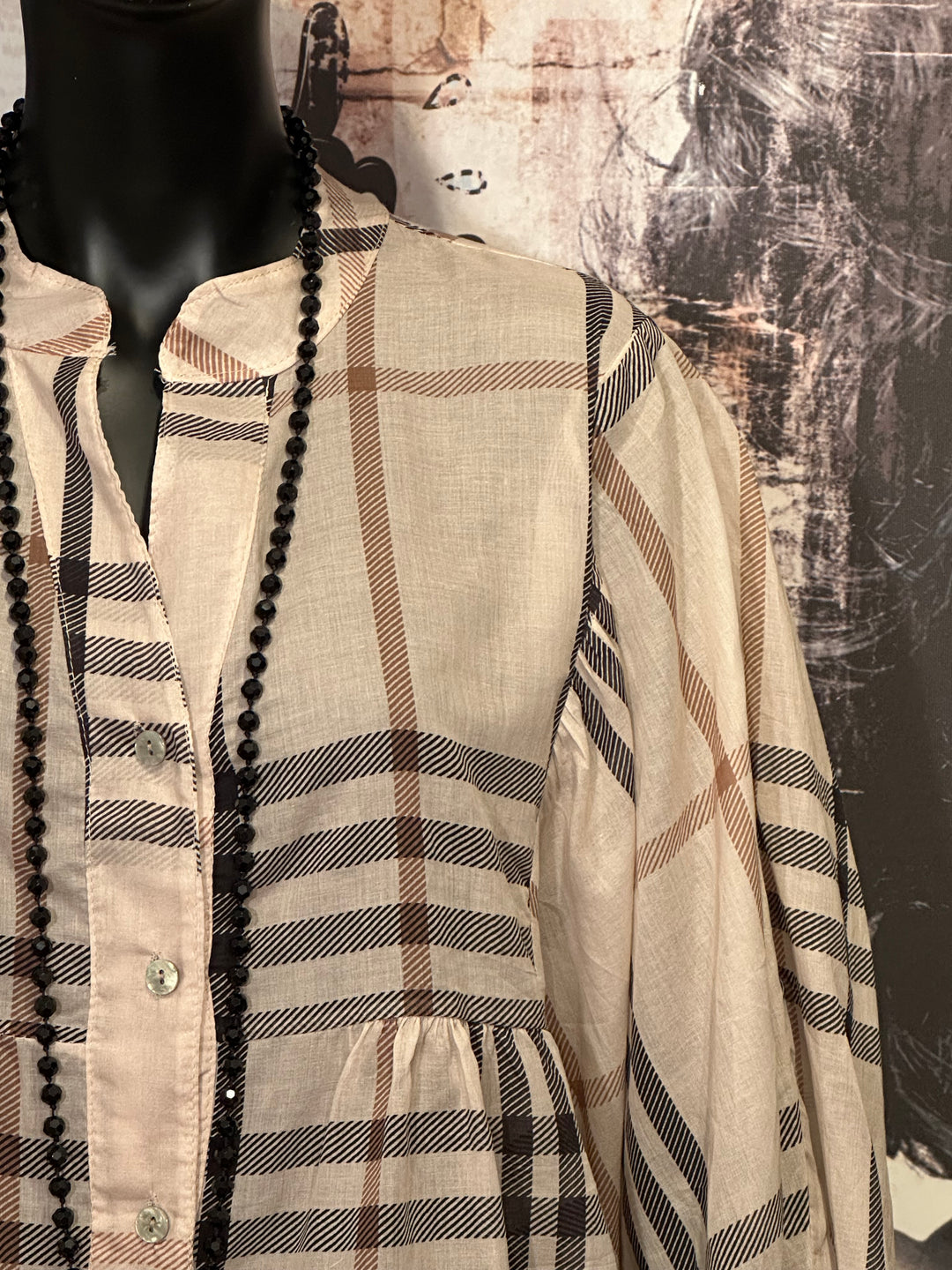 Blouse oversize à carreaux en voile de coton beige (40/46)