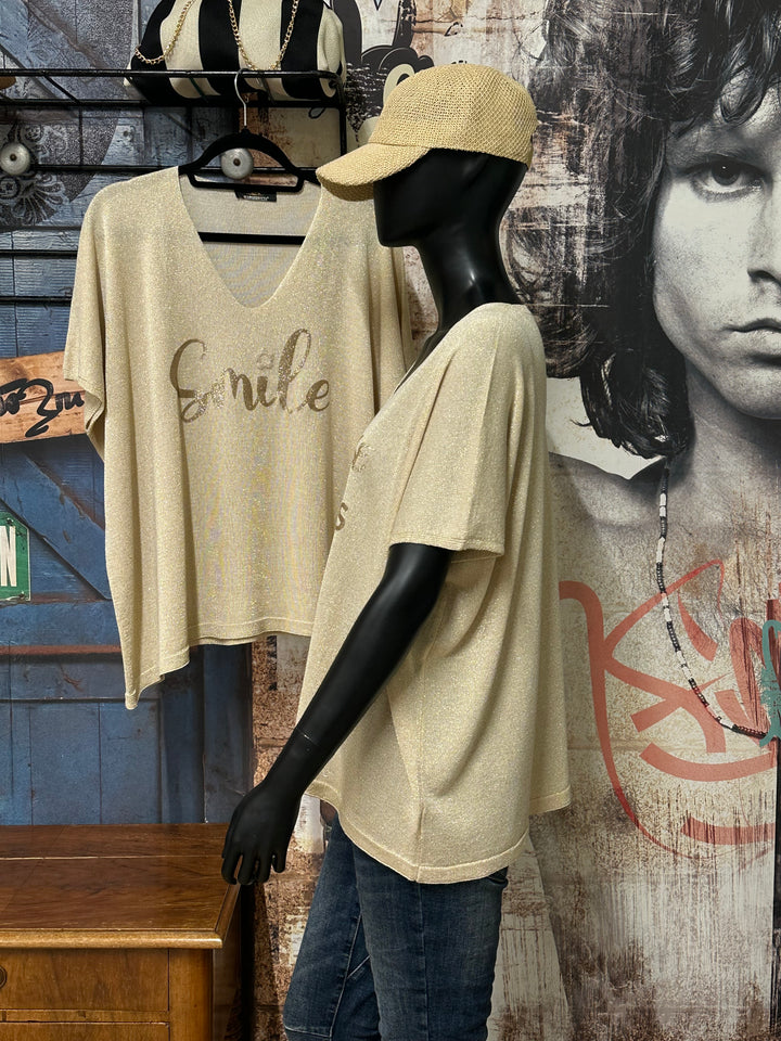 T-shirt en maille fine "Elisa" beige &amp; doré (42/46) MADE IN ITALY