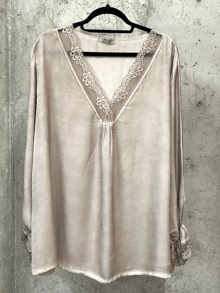 Top mit langen Ärmeln satiniert Viskose & Seide (44/48) MADE IN 🇮🇹