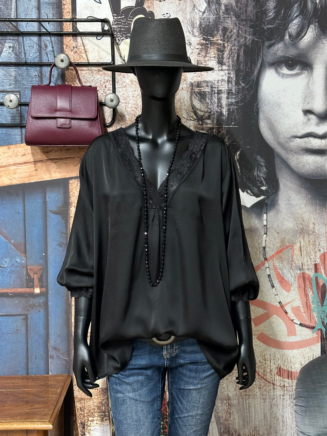 Top mit langen Ärmeln satiniert Viskose & Seide (44/48) MADE IN 🇮🇹