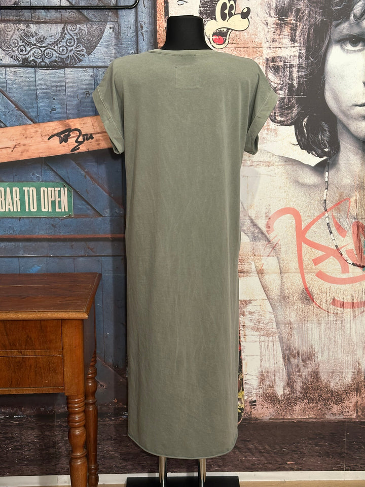 Langes einfarbiges T-Shirt-Kleid mit V-Ausschnitt khaki