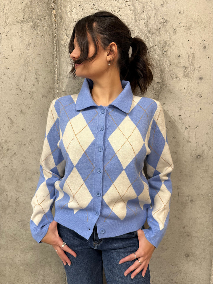 Cardigan motif "argyle" bleu clair & crème (36/40)