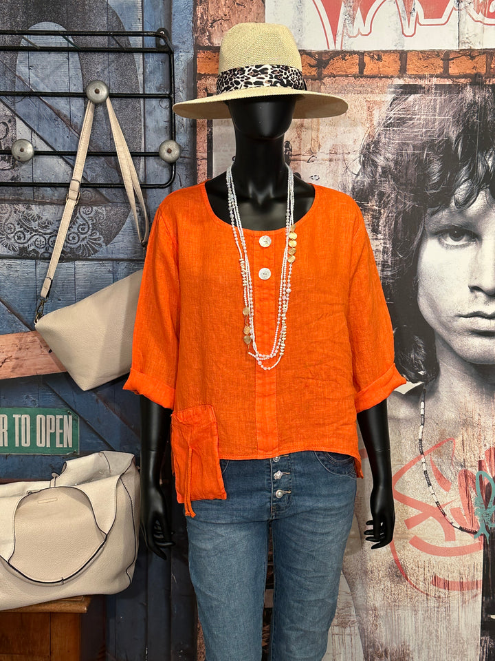 Blouse col rond 100% lin orange