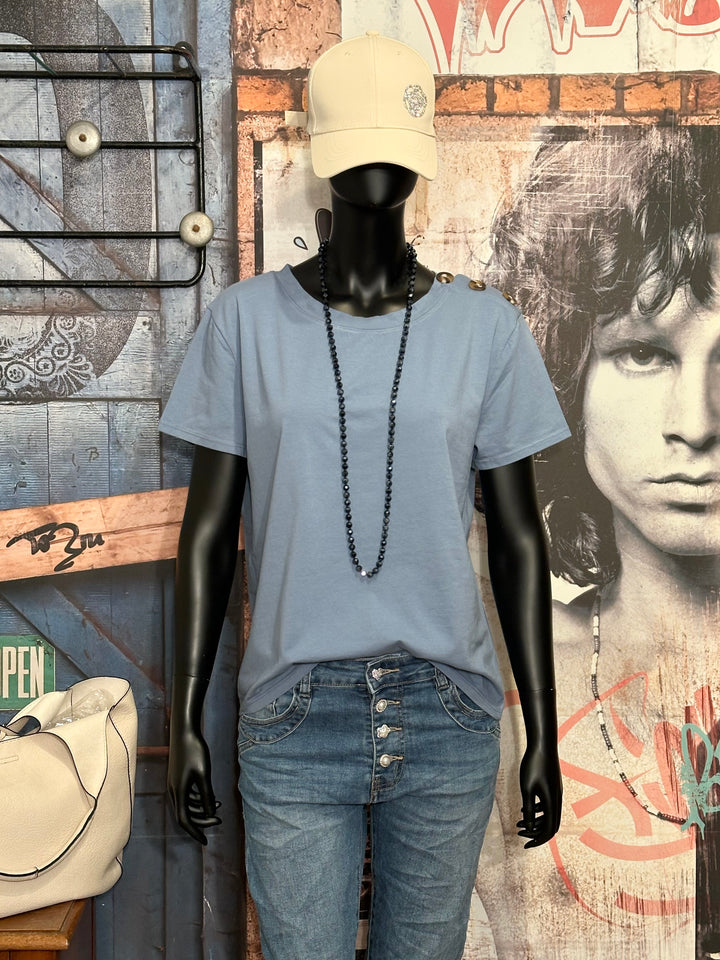 T-Shirt mit Rundhalsausschnitt & Knöpfen in Hellblau