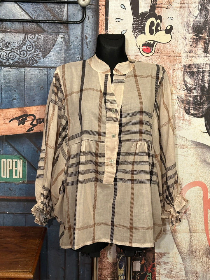 Blouse oversize à carreaux en voile de coton beige (40/46)