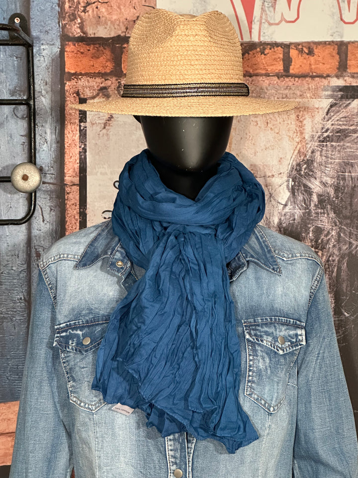 Foulard froissé uni  100% coton bleu canard