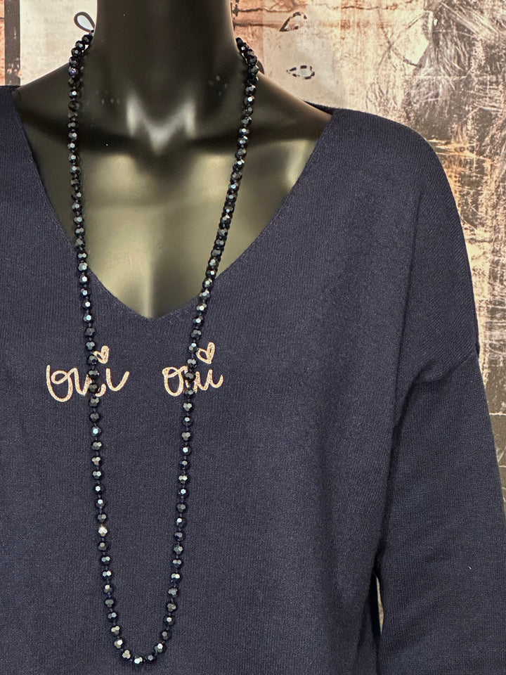 Pull col V "oui oui" bleu marine (38/42)
