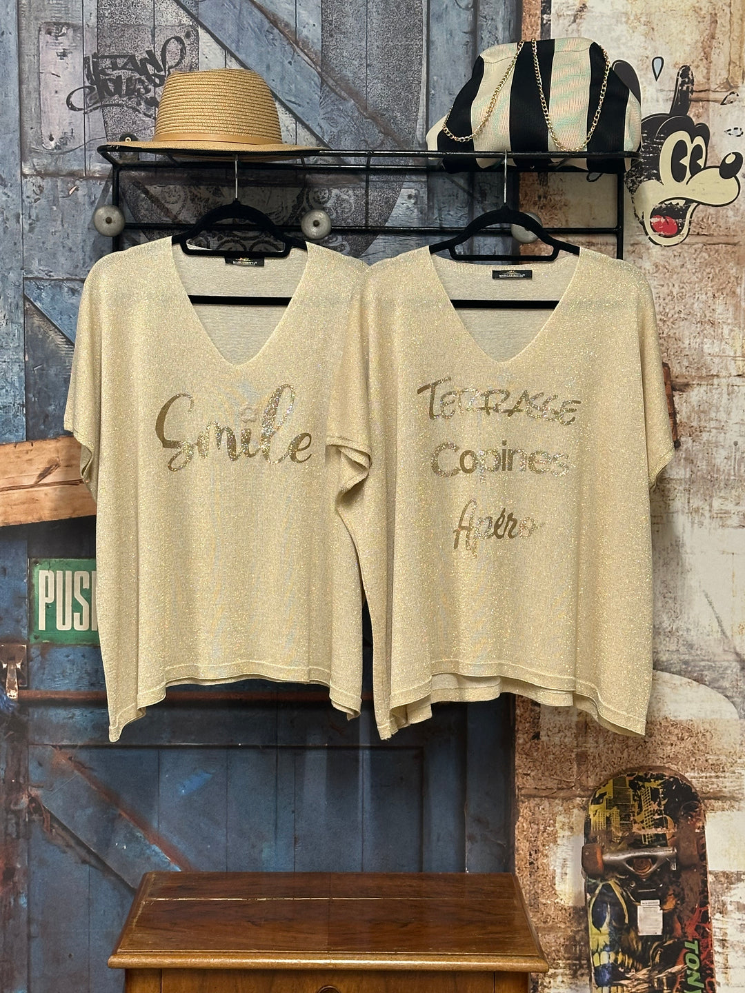 T-shirt en maille fine "Elisa" beige &amp; doré (42/46) MADE IN ITALY