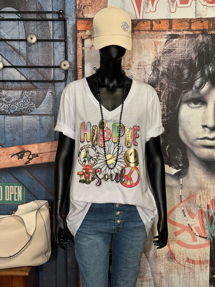 T-shirt + SIZE 100% coton col V "hippie" blanc