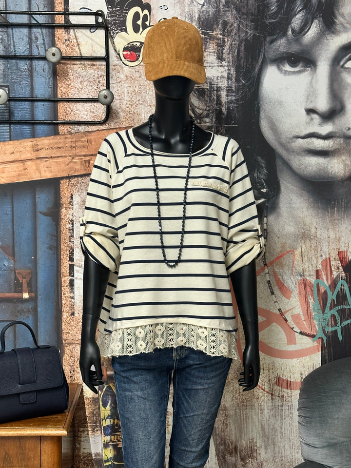 Pull marinière dentelle écru & bleu marine (38/42) MADE IN ITALY