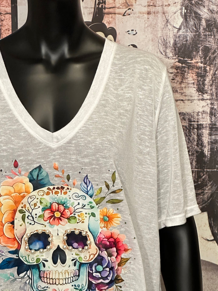 T-shirt long + size  col V "skull & perles" blanc chiné