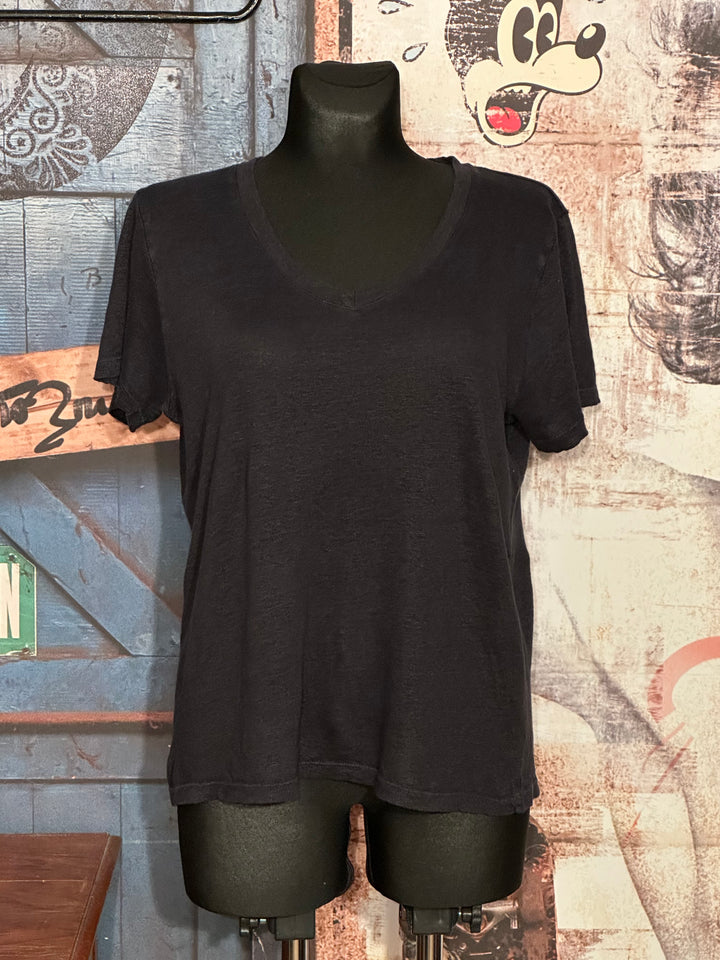 T-Shirt aus 100% meliertem Leinen mit V-Ausschnitt in marineblau