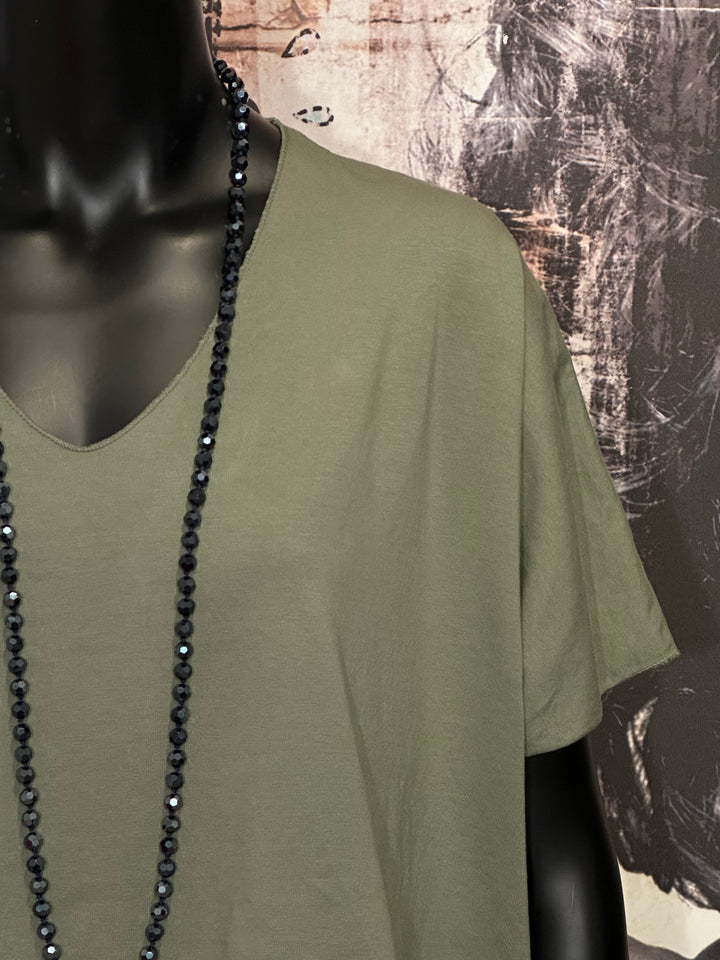 T-shirt basic + size 100% coton col V kaki