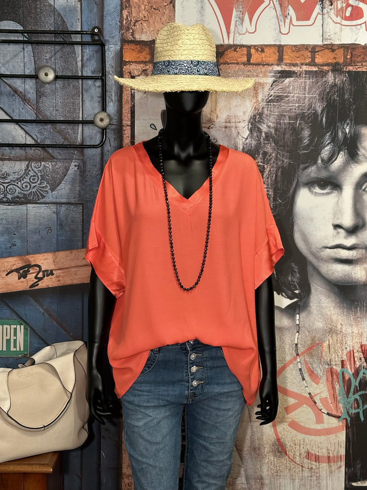 Blouse + size 100% viscose col V satiné corail