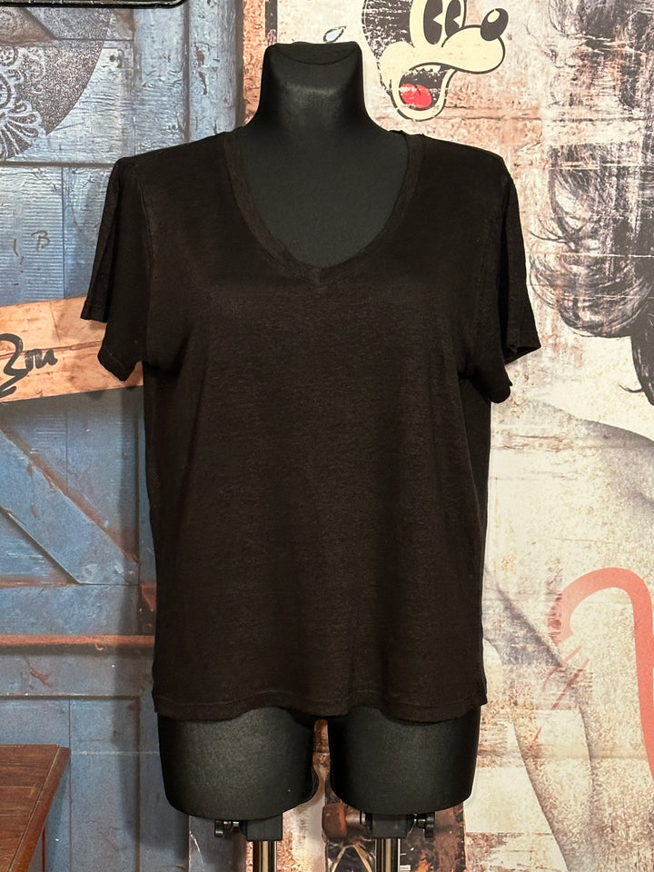 T-Shirt aus 100% meliertem Leinen mit V-Ausschnitt schwarz