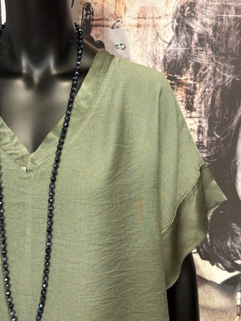 Einfarbige Bluse mit V-Ausschnitt in Khaki