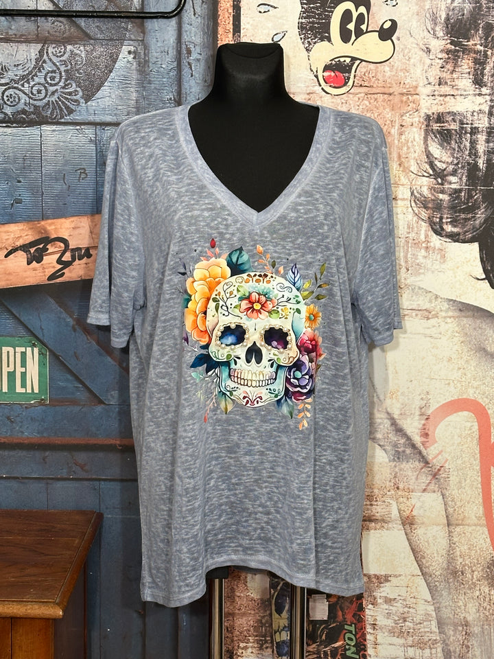 T-shirt long + size  col V "skull & perles" bleu chiné