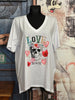 T-shirt + SIZE 100% coton col V "Love & Skull" blanc