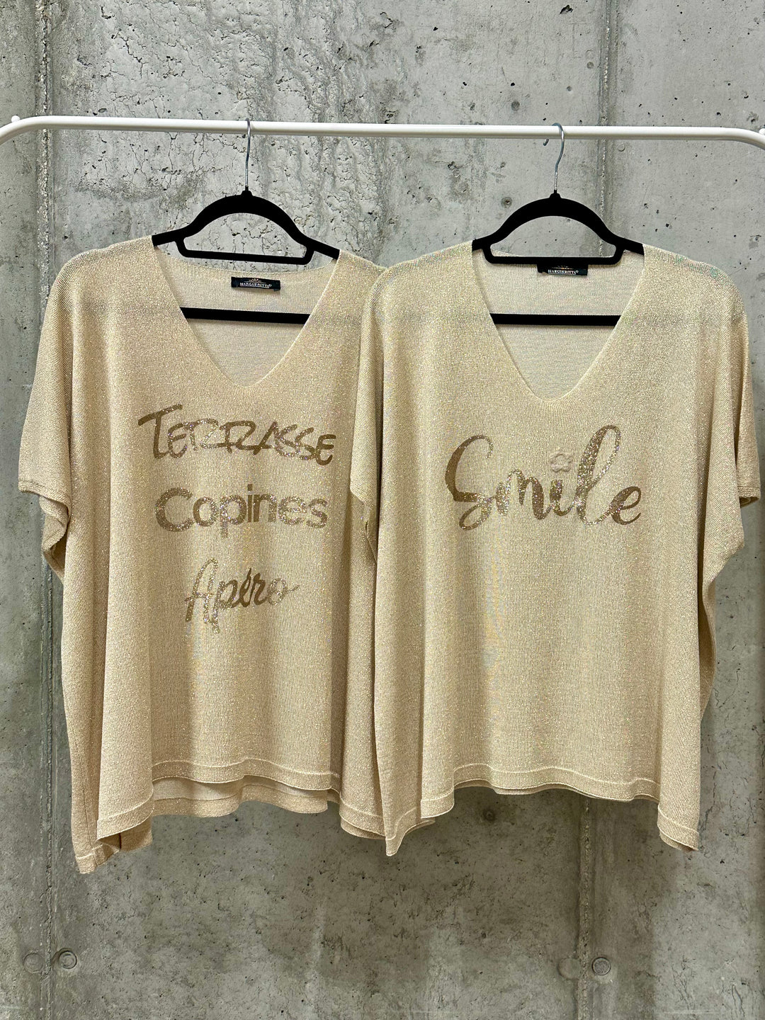 T-shirt en maille fine "Elisa" beige &amp; doré (42/46) MADE IN ITALY