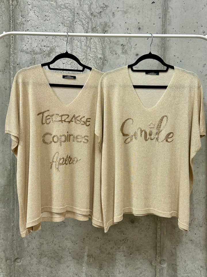 T-shirt en maille fine "Elisa" beige &amp; doré (42/46) MADE IN ITALY