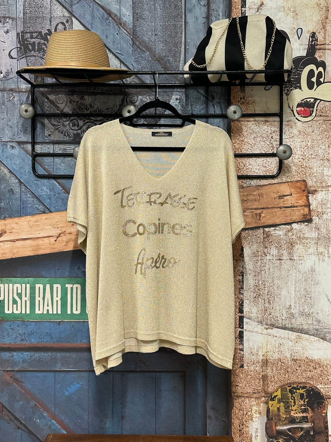 T-shirt en maille fine "Elisa" beige &amp; doré (42/46) MADE IN ITALY