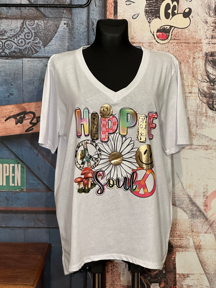 T-shirt + SIZE 100% coton col V "hippie" blanc