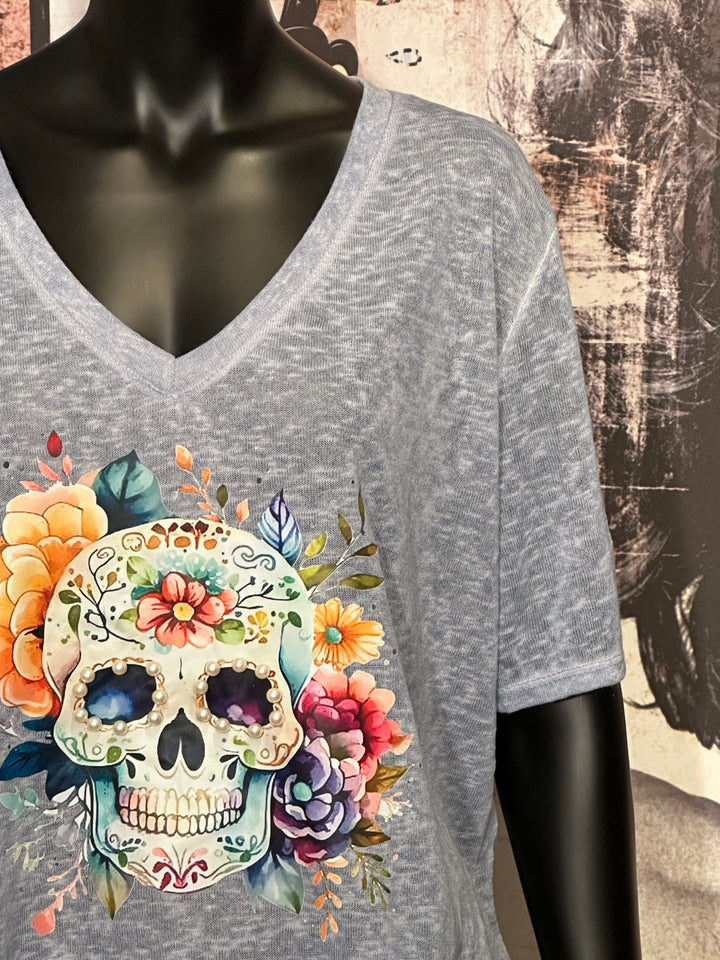 T-shirt long + size  col V "skull & perles" bleu chiné