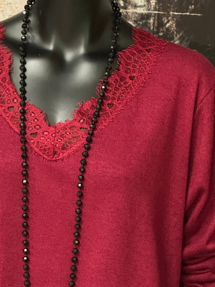 Flüssiger Pullover mit V-Ausschnitt und Spitze (42/46) MADE IN 🇮🇹