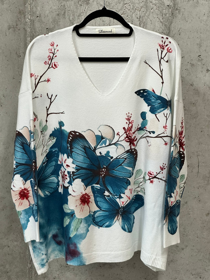 Pull col V imprimé "floral & papillons"  (40/44)
