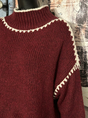 Strickpullover mit Stehkragen in Bordeaux & Weiß