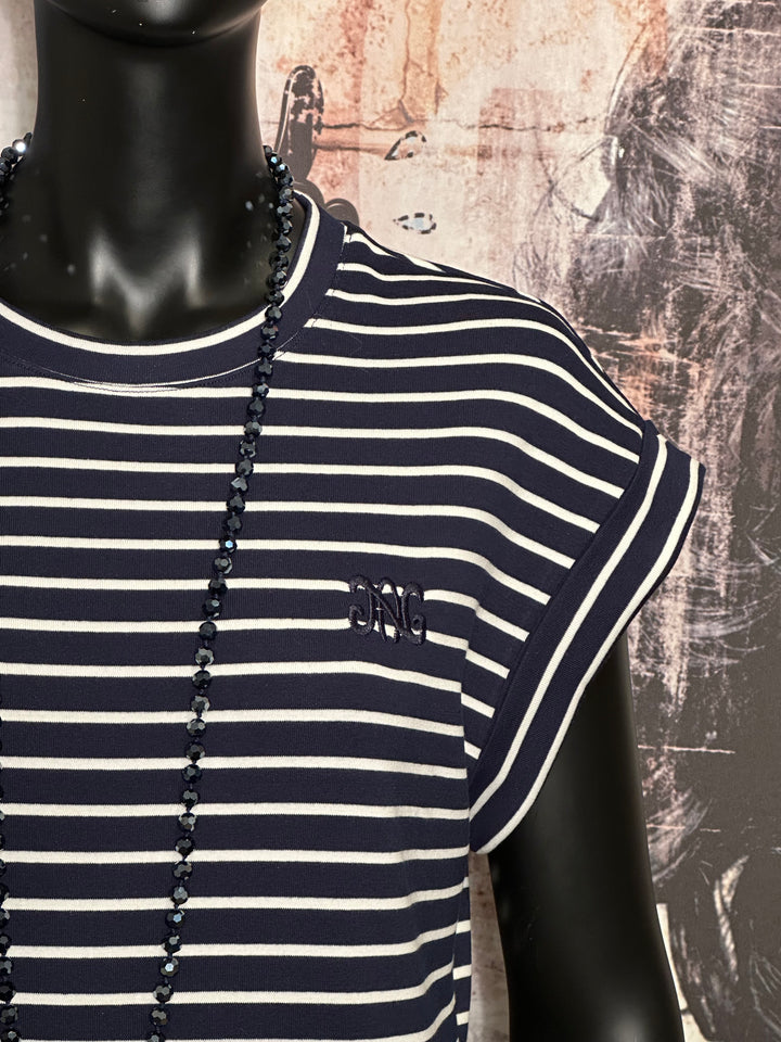 Langes Marinière-Kleid "Enoha" Marineblau & Weiß