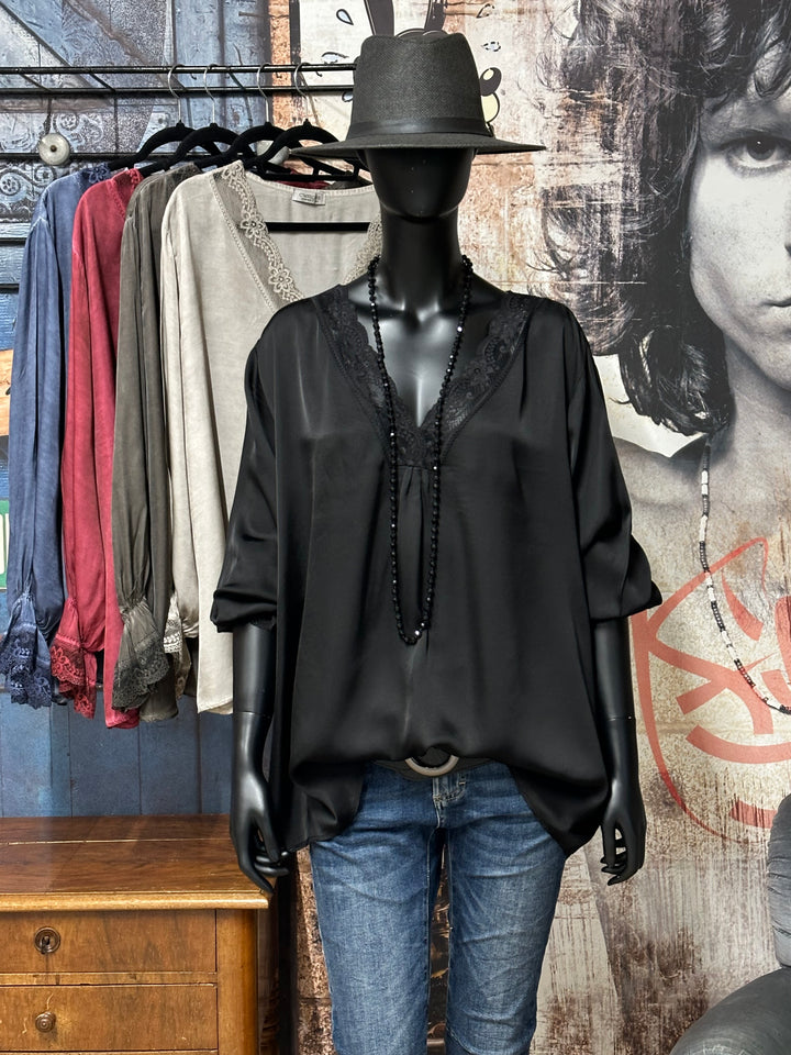 Top mit langen Ärmeln satiniert Viskose & Seide (44/48) MADE IN 🇮🇹