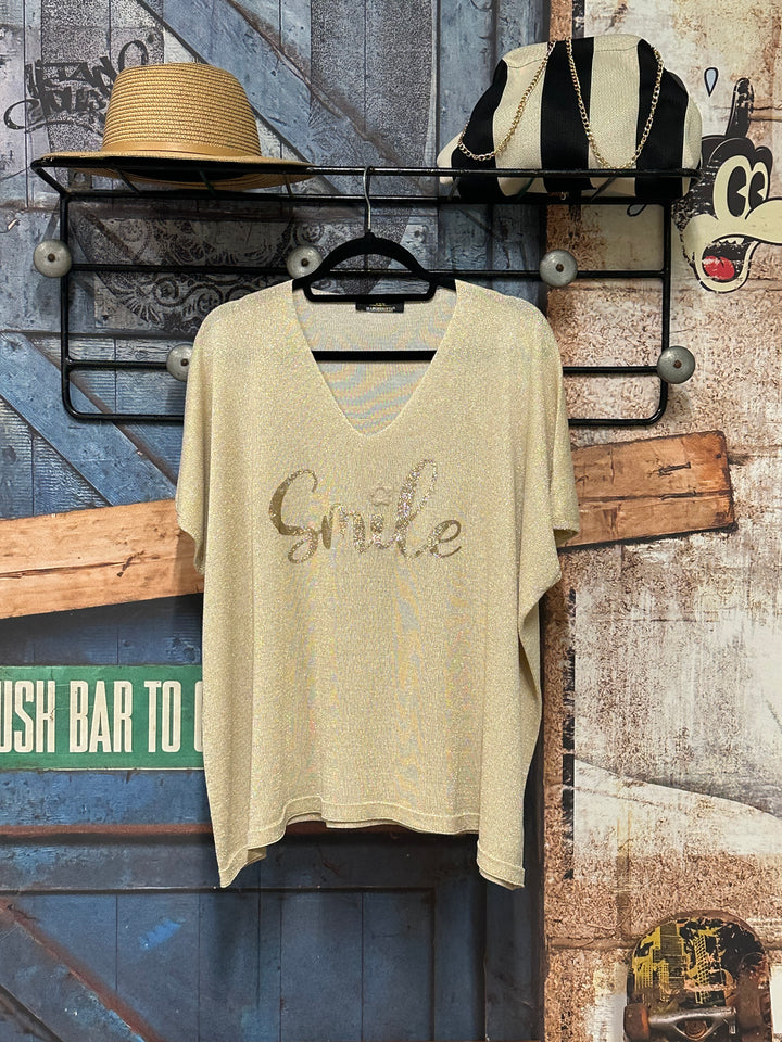 T-shirt en maille fine "Elisa" beige &amp; doré (42/46) MADE IN ITALY