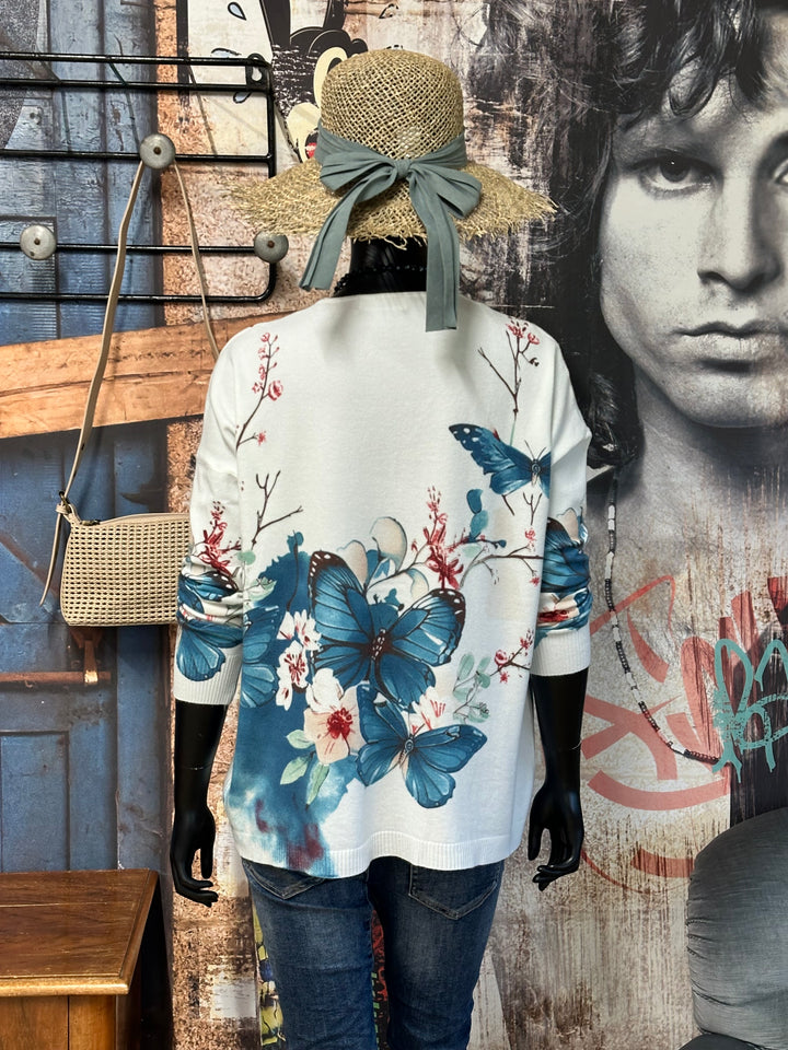 Pull col V imprimé "floral & papillons"  (40/44)