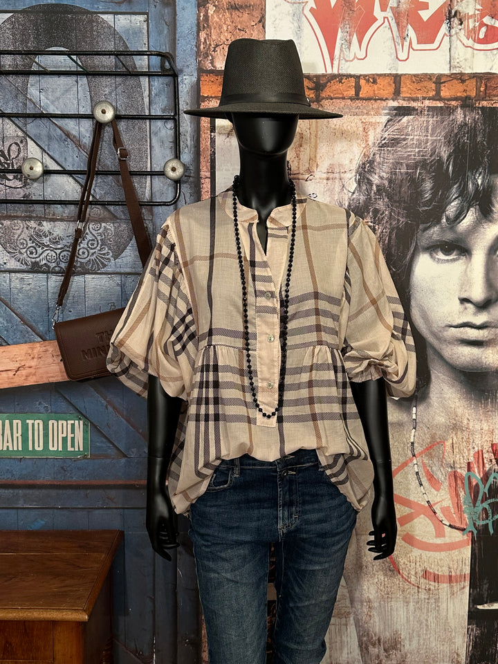 Blouse oversize à carreaux en voile de coton beige (40/46)