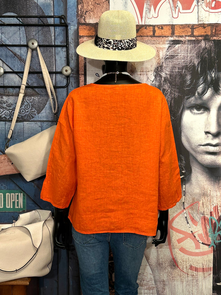 Blouse col rond 100% lin orange