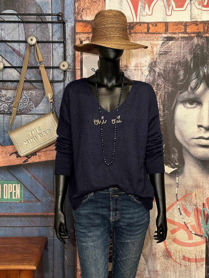 Pull col V "oui oui" bleu marine (38/42)