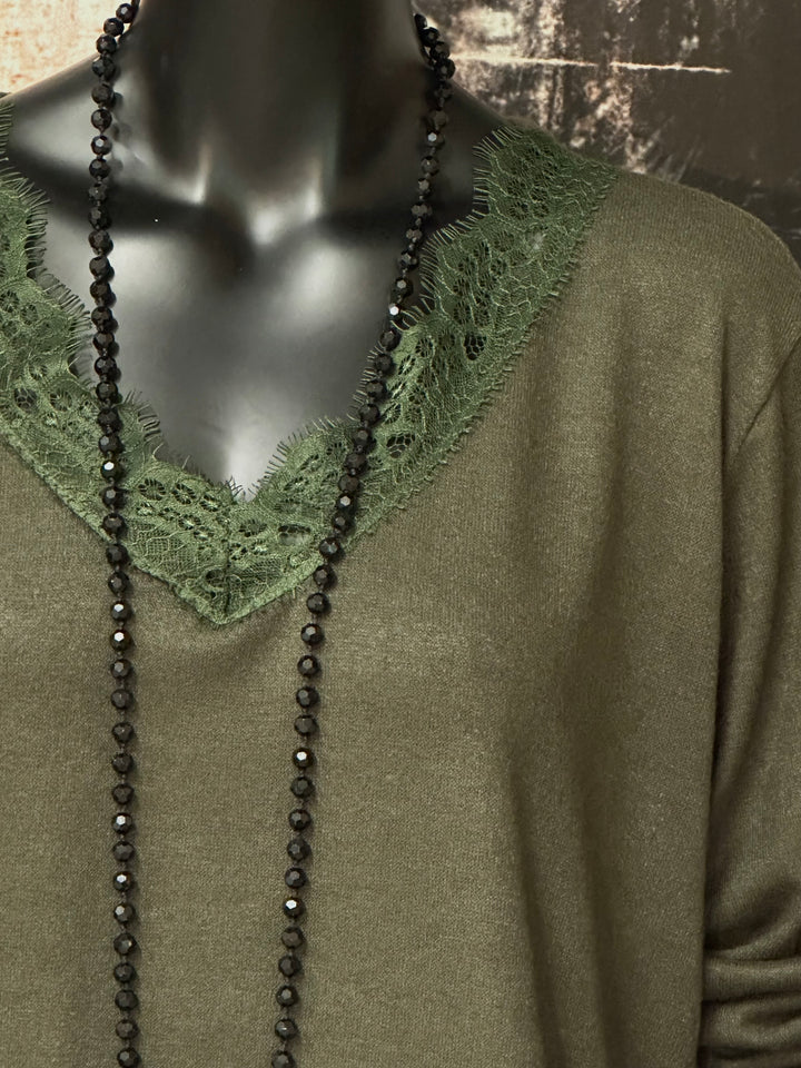 Flüssiger Pullover mit V-Ausschnitt und Spitze (42/46) MADE IN 🇮🇹