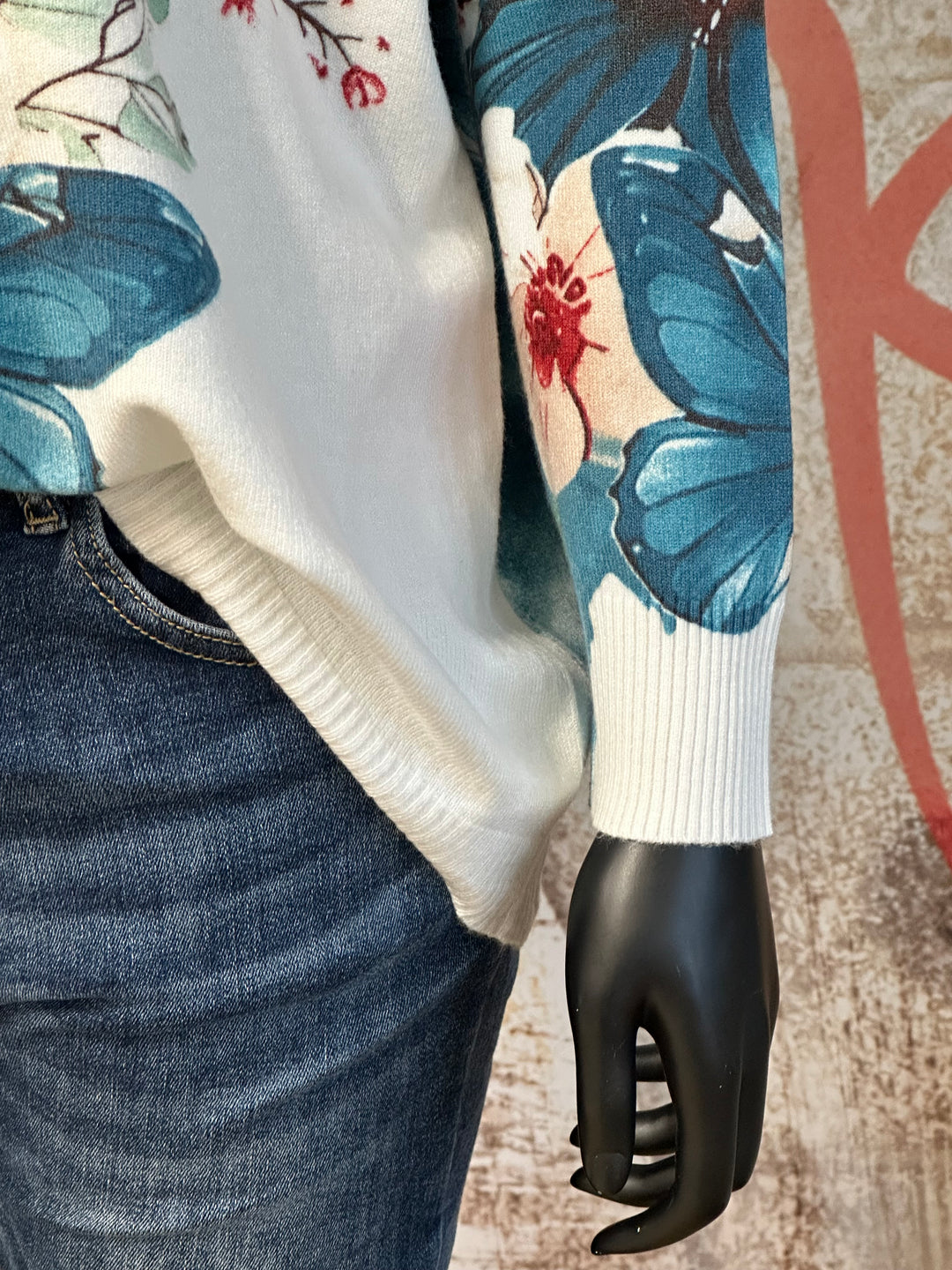 Pull col V imprimé "floral & papillons"  (40/44)