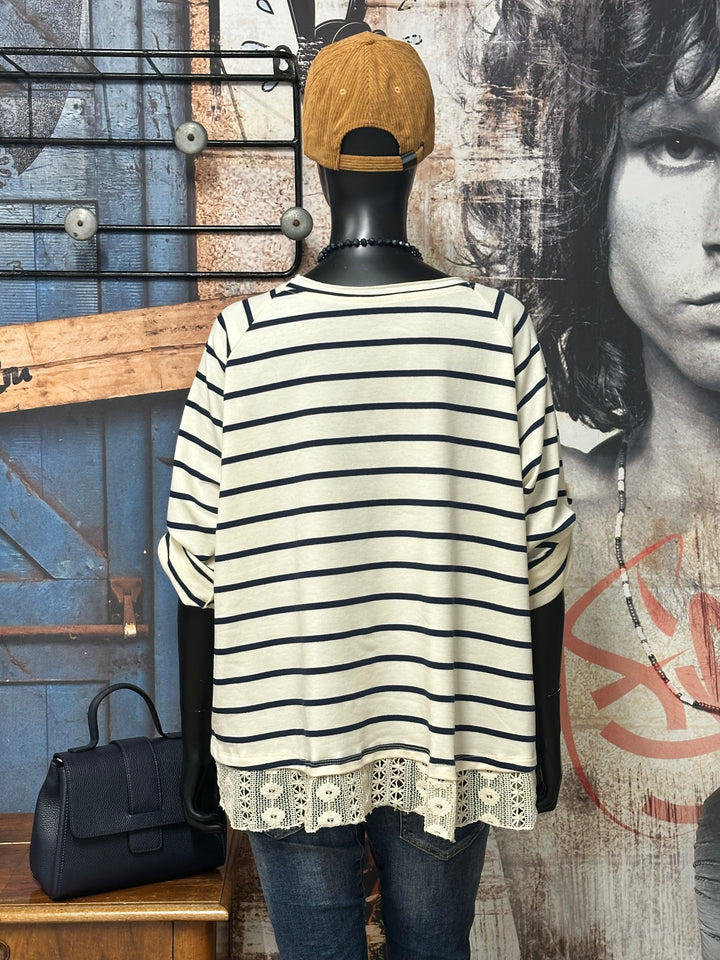 Pull marinière dentelle écru & bleu marine (38/42) MADE IN ITALY