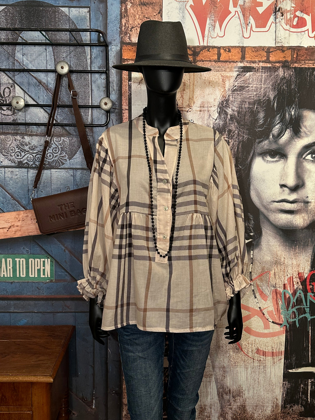 Blouse oversize à carreaux en voile de coton beige (40/46)